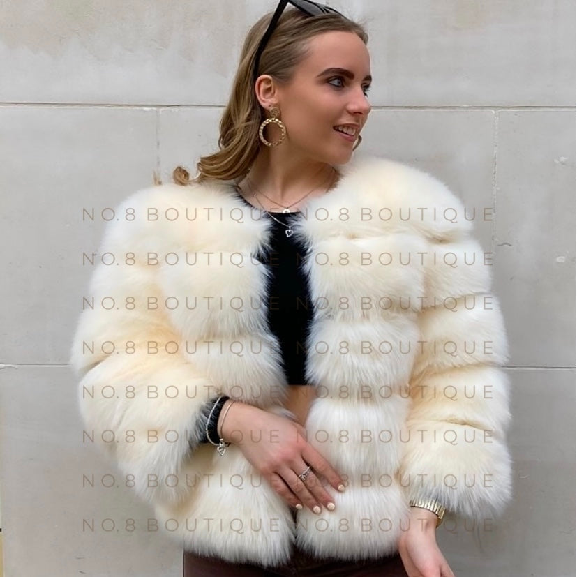 5 Row Cream Faux Fur Jacket