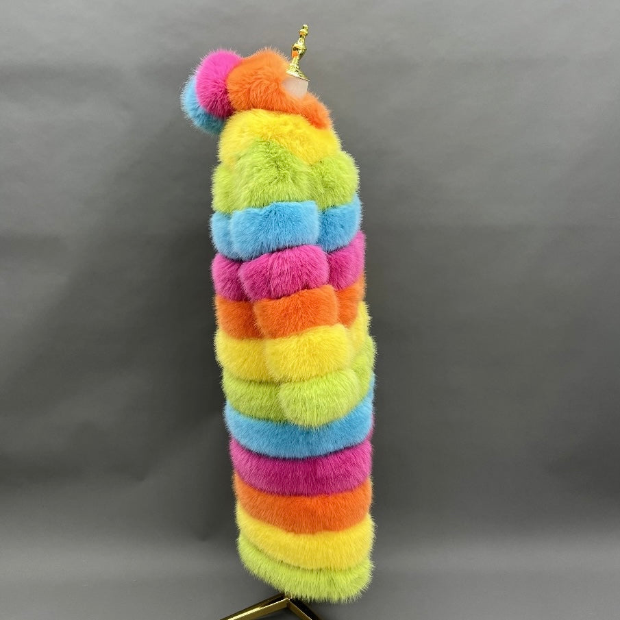 Elegant Rainbow Hooded 12 Row Faux Fur Coat
