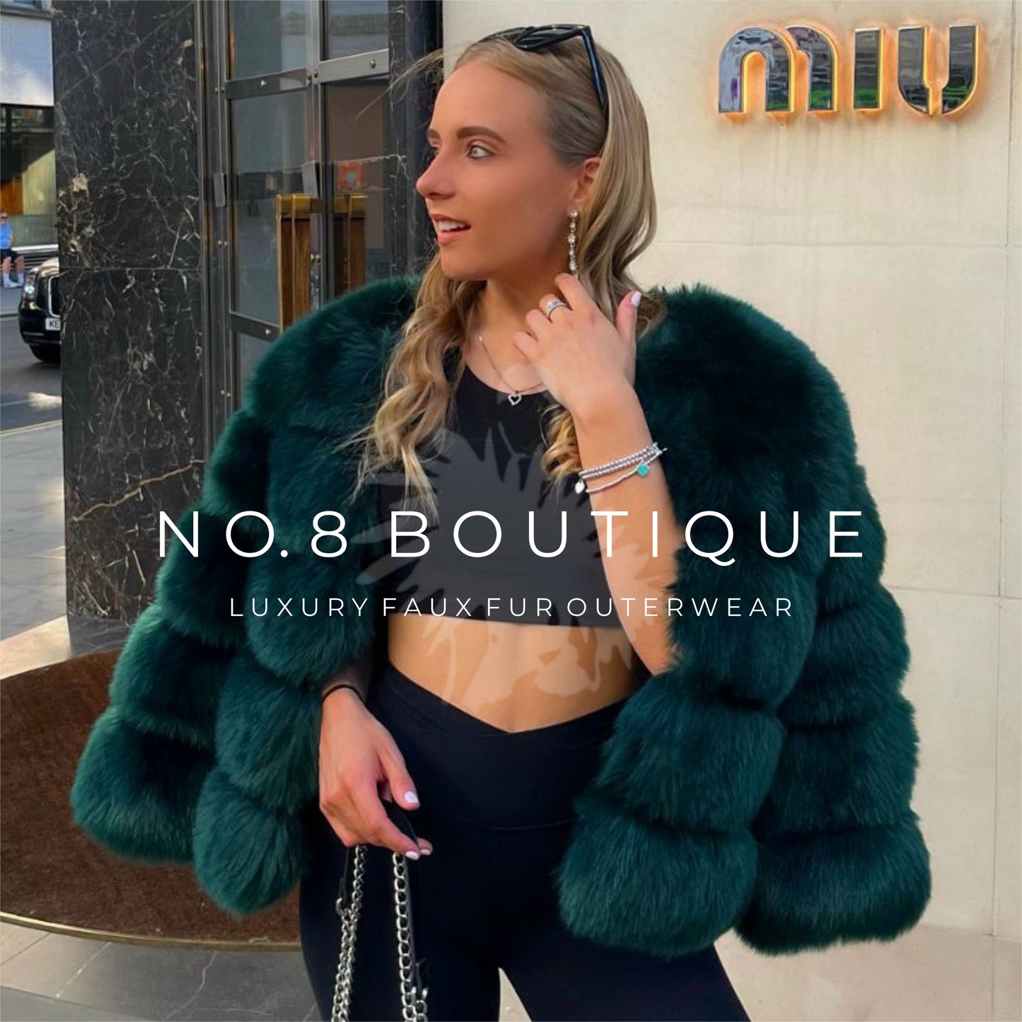 Bold emerald green faux fur jacket with five luxurious rows