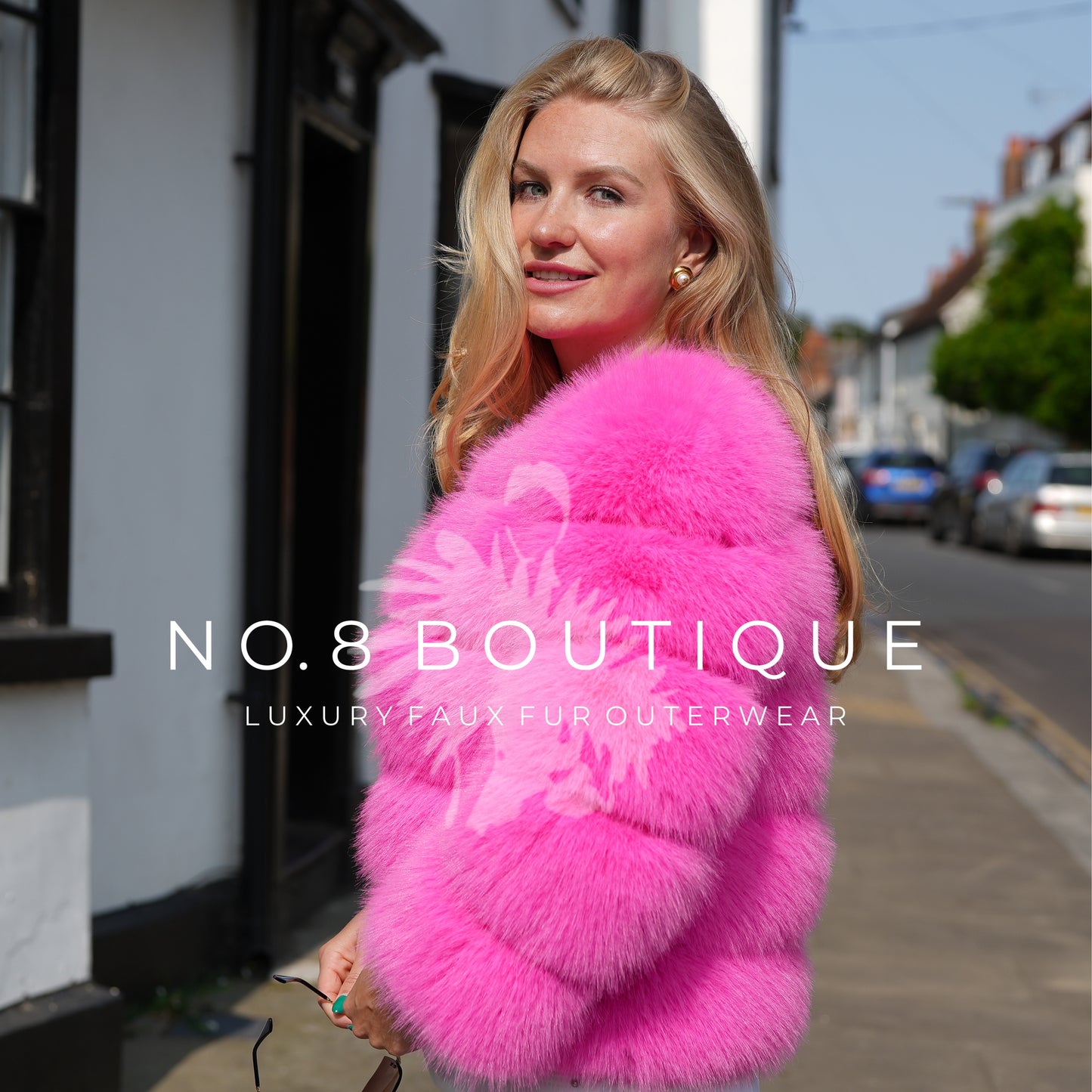 Bold hot pink classic faux fur jacket with five rows for winter