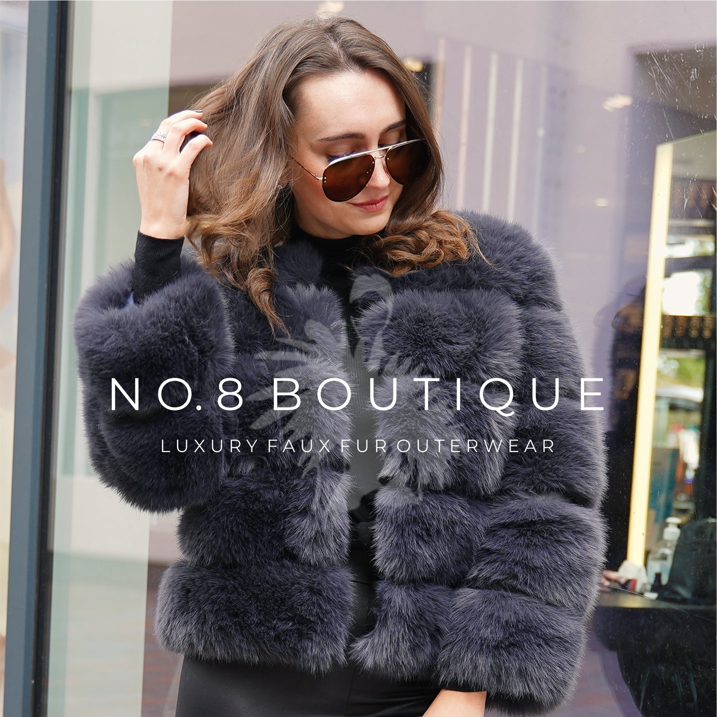 Chic charcoal grey 5-row faux fur jacket for sophisticated style