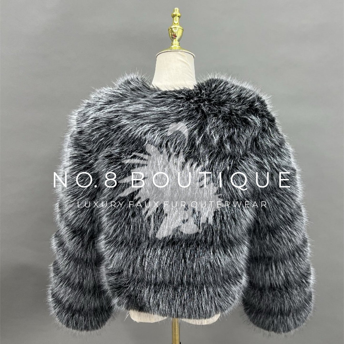 Chic classic frosted black faux fur jacket with 5 rows
