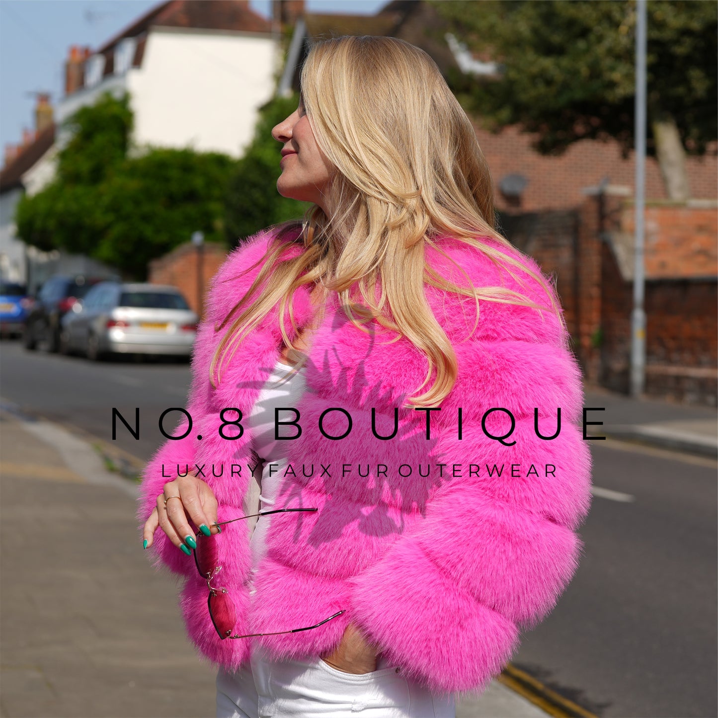 Chic hot pink faux fur jacket featuring classic 5 row design