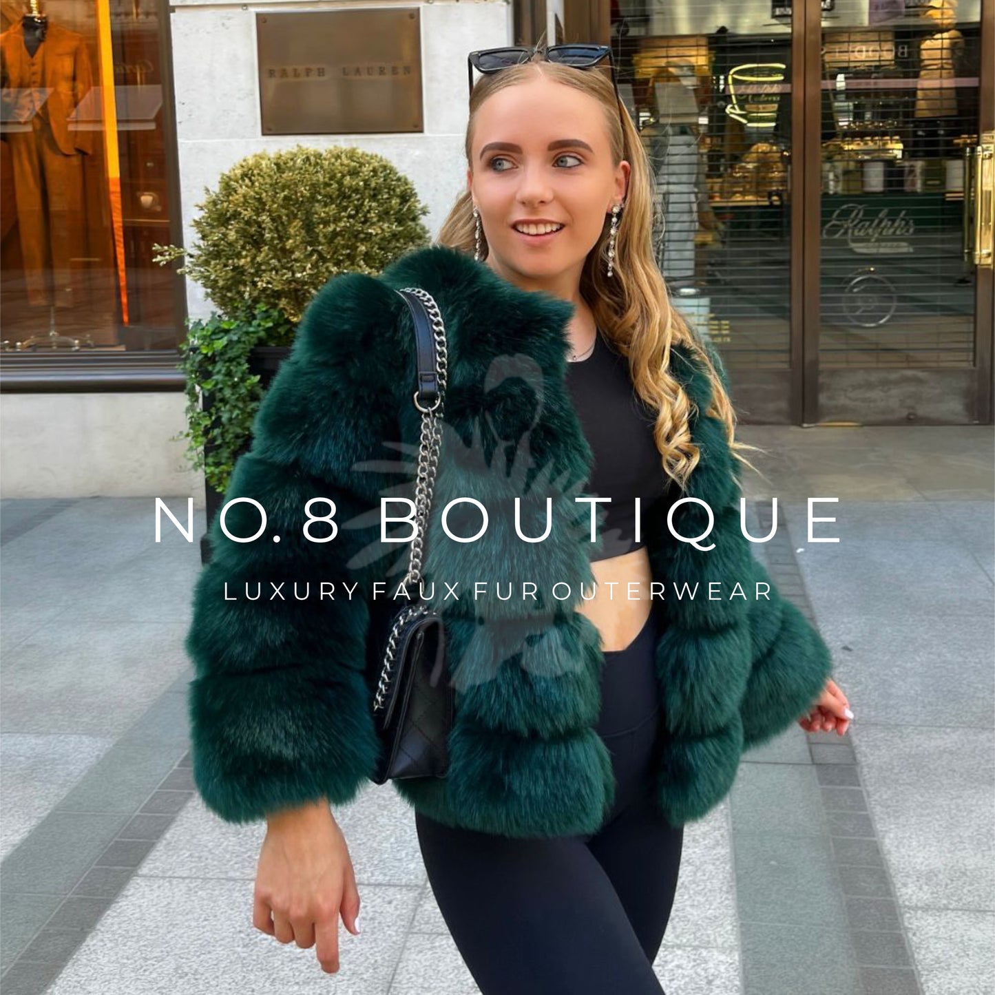 Classic emerald green faux fur jacket with five plush rows