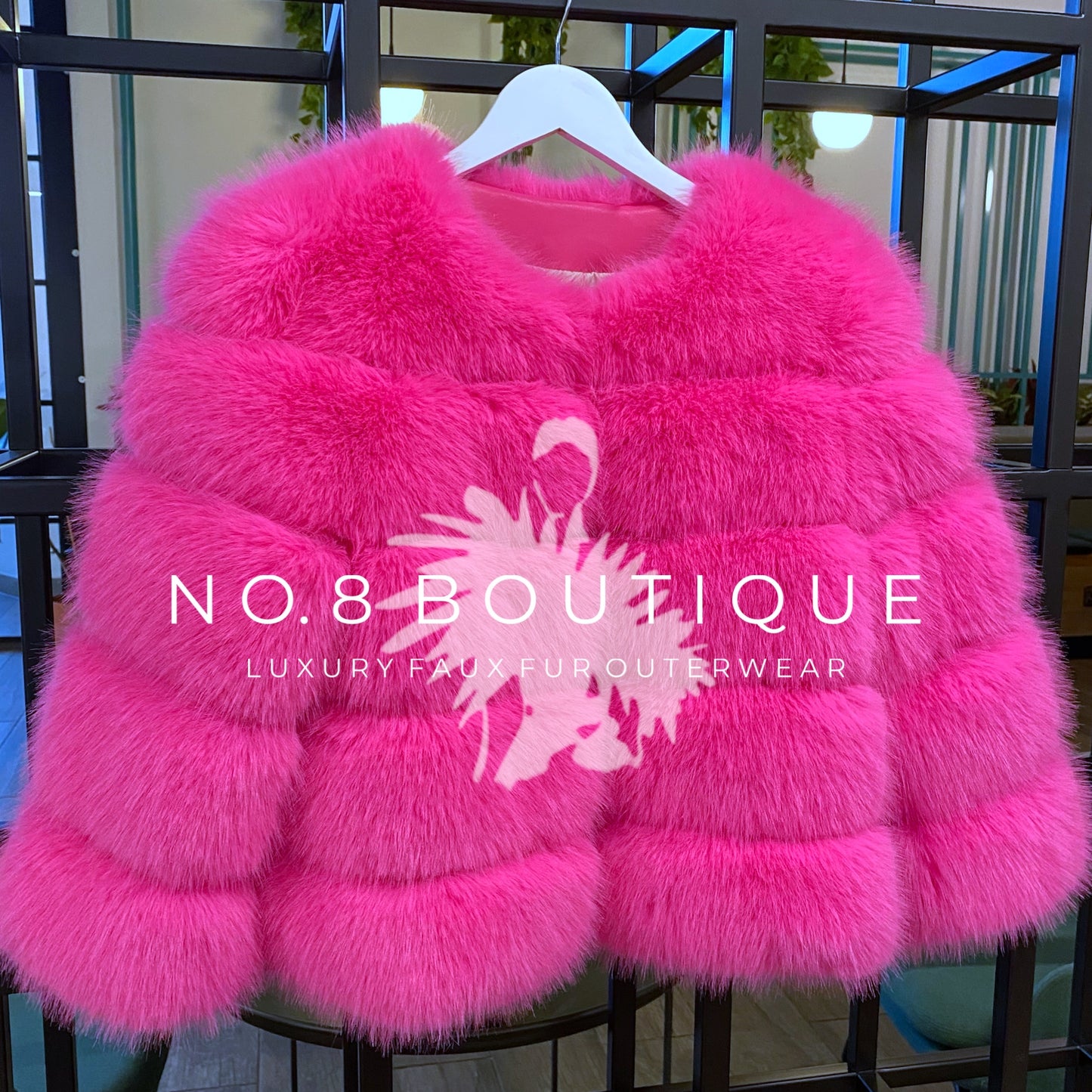 Contemporary hot pink faux fur jacket with classic 5 row styling