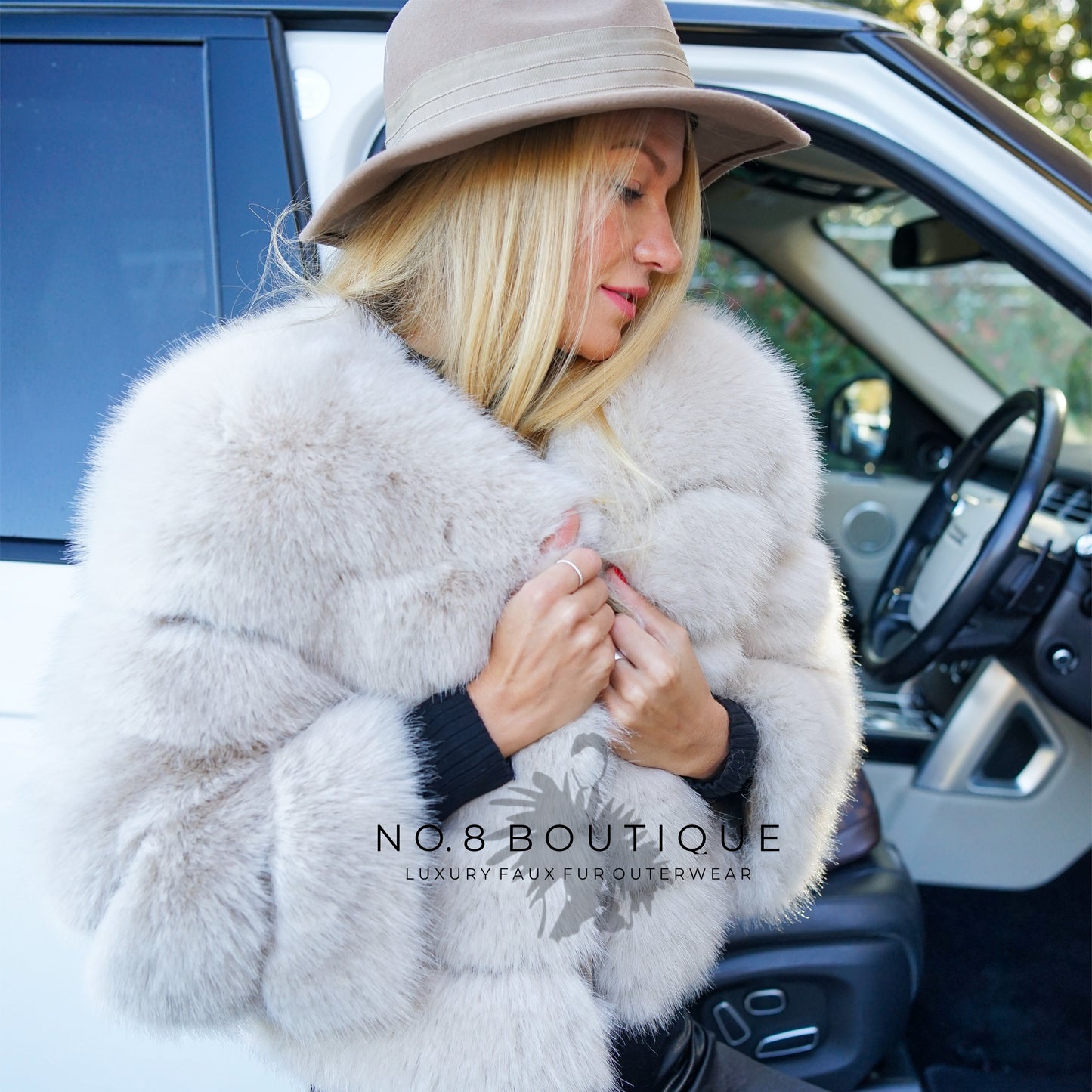 Elegant beige faux fur jacket featuring 5 row design