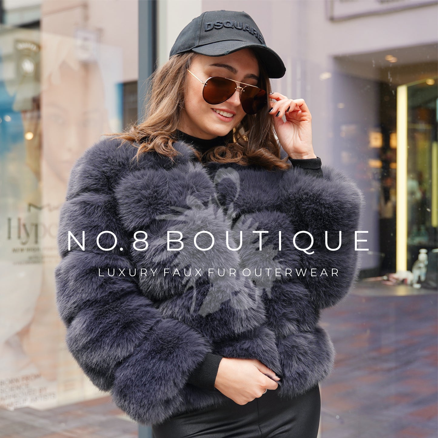 Elegant charcoal grey faux fur jacket featuring 5 row design