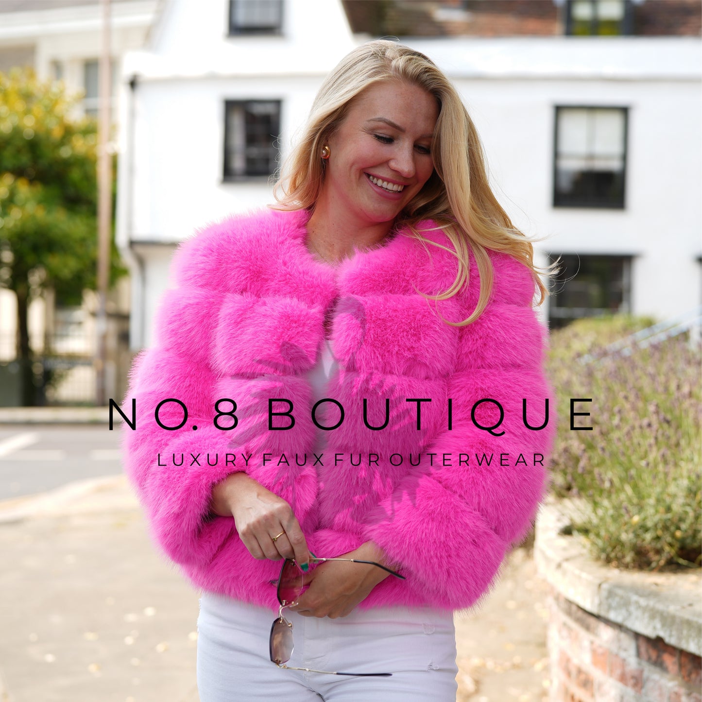 Elegant hot pink faux fur jacket with quintuple rows