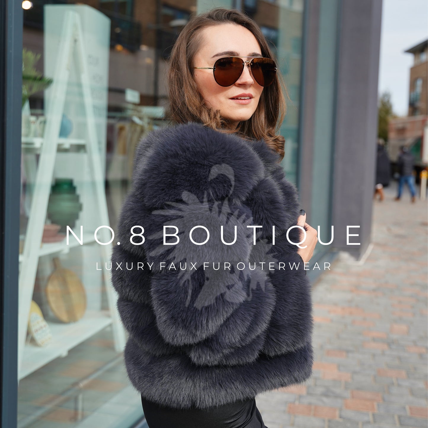 Fashion-forward charcoal grey faux fur jacket with quintuple rows