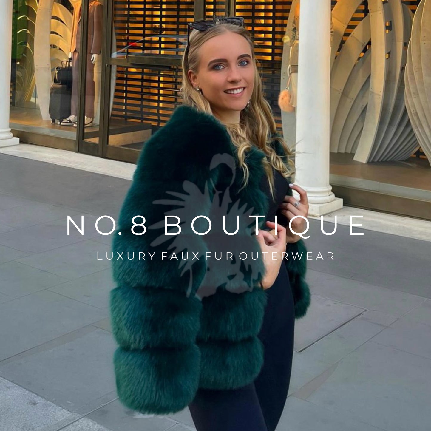 Fashion-forward emerald green jacket in faux fur with five rows