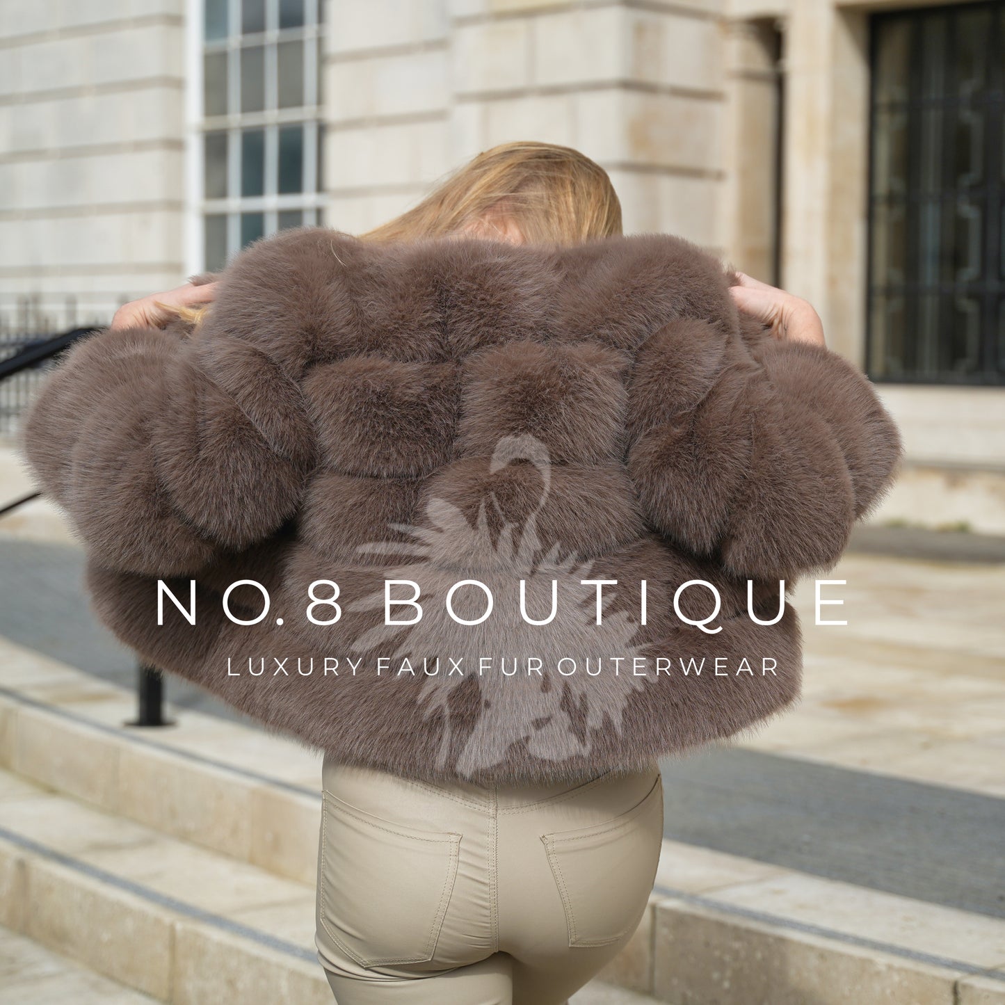 Fashion-forward mocha faux fur jacket with 5 row pattern