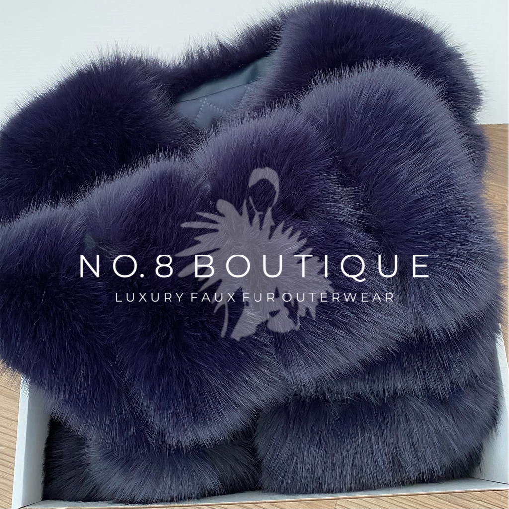 Fashion forward navy faux fur jacket with 5-row pattern