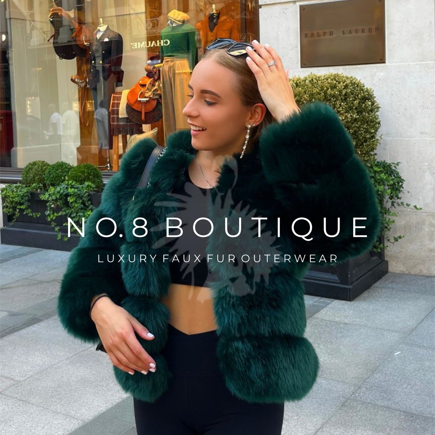 High-fashion emerald green faux fur jacket with quintuple rows