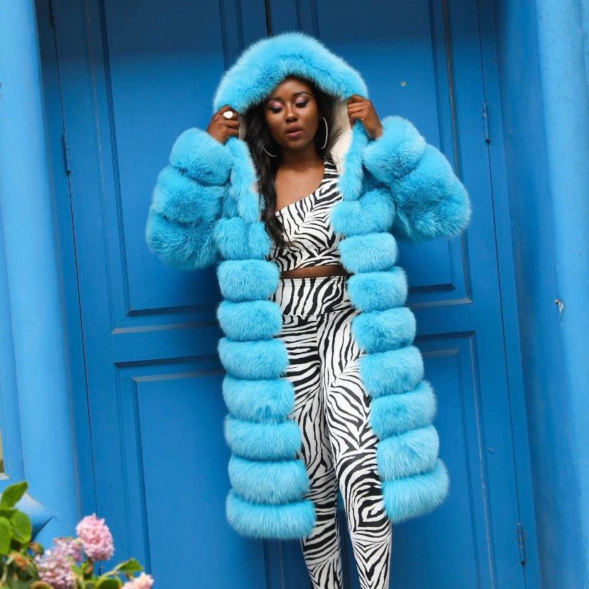 High-fashion hooded faux fur coat with nine rows