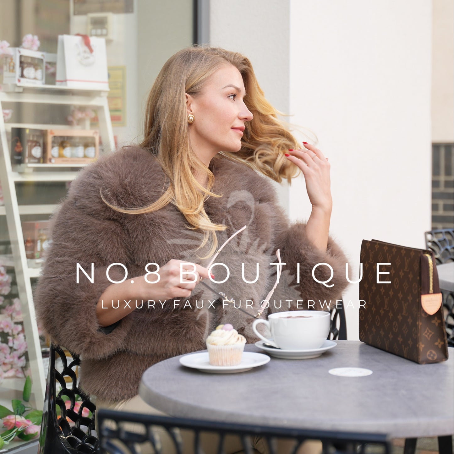 High-fashion mocha faux fur jacket with quintuple row