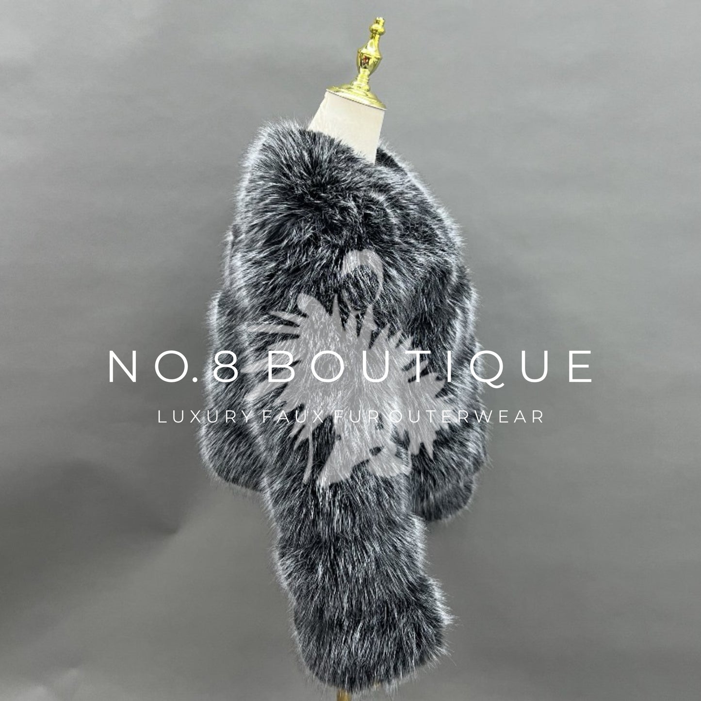 Luxurious frosted black faux fur jacket with classic 5 row design