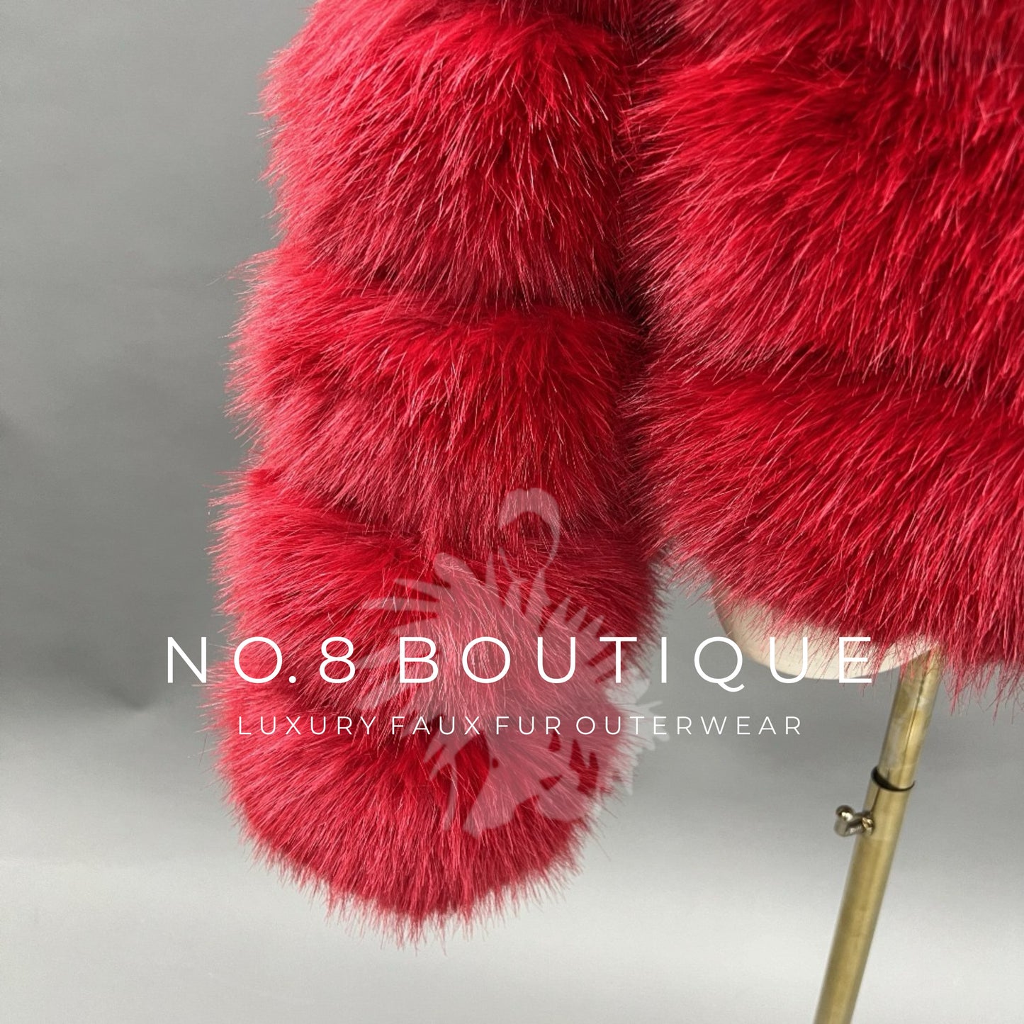 Luxurious red faux fur jacket with five structured rows