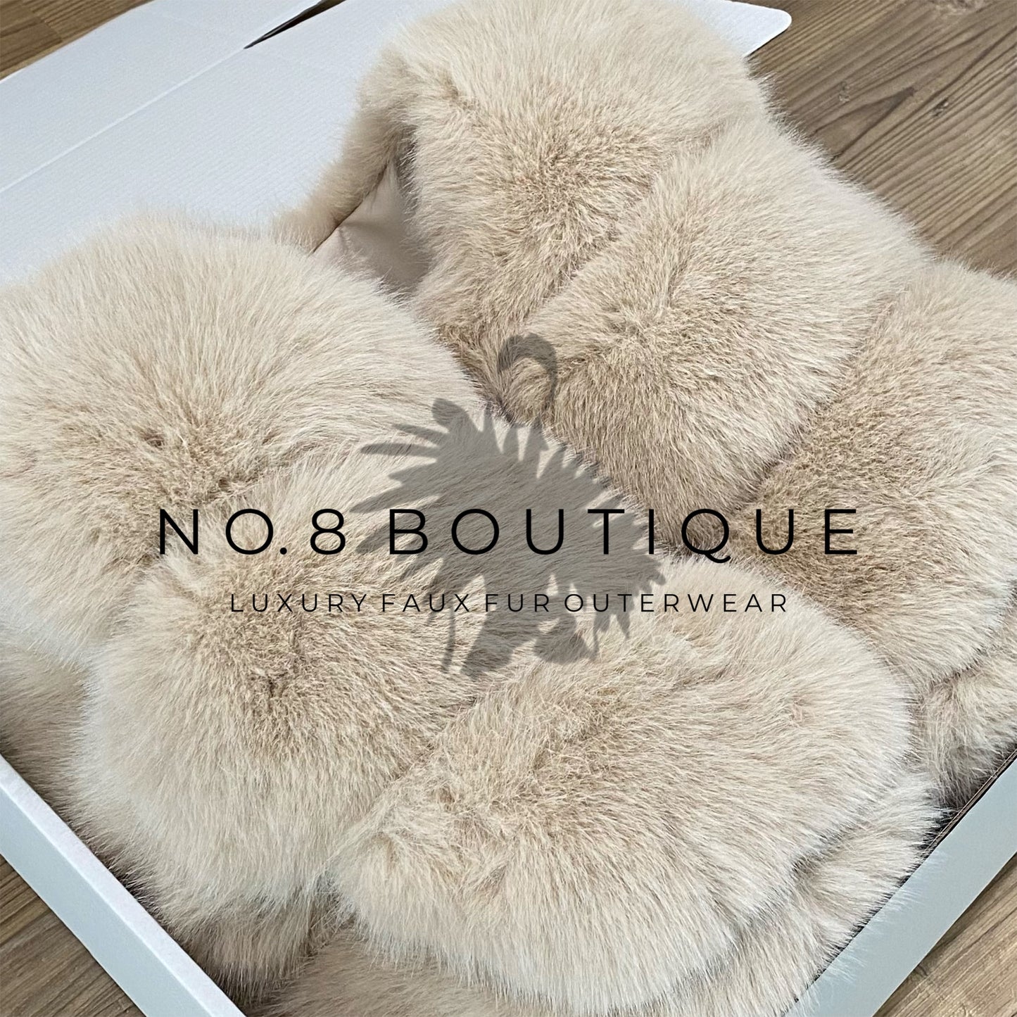 Runway-ready beige faux fur jacket with five structured rows
