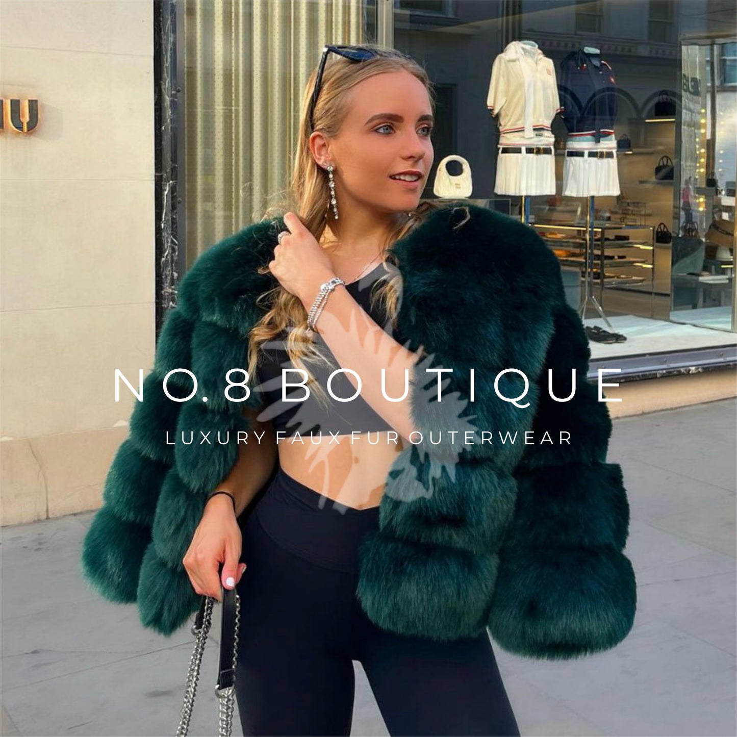 Sophisticated emerald green 5-row faux fur jacket