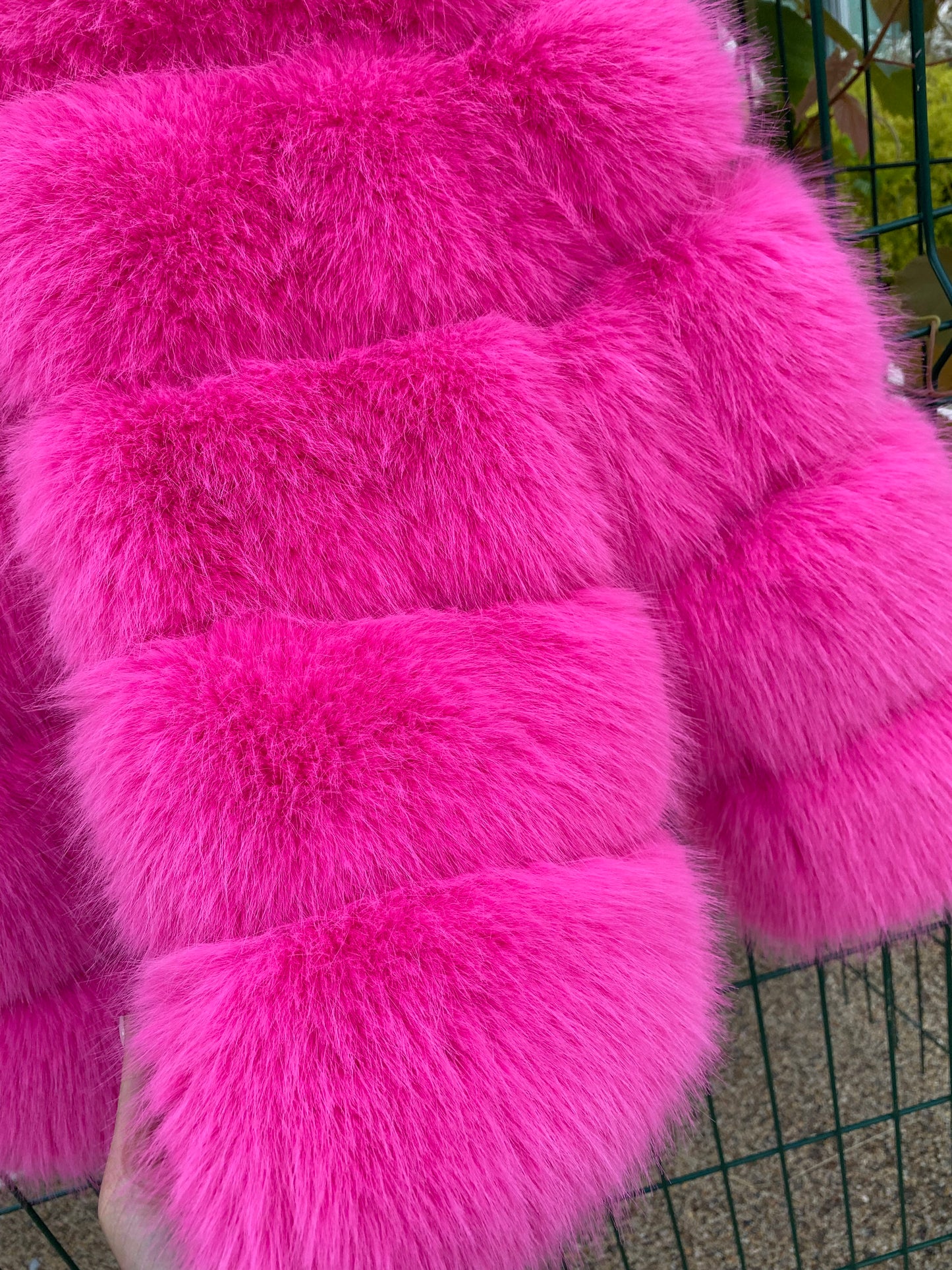 Street style hot pink faux fur jacket with classic five rows
