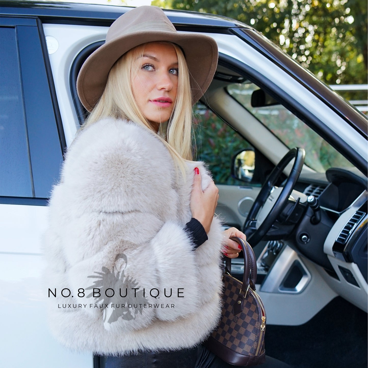 Stylish beige faux fur jacket with five elegant rows
