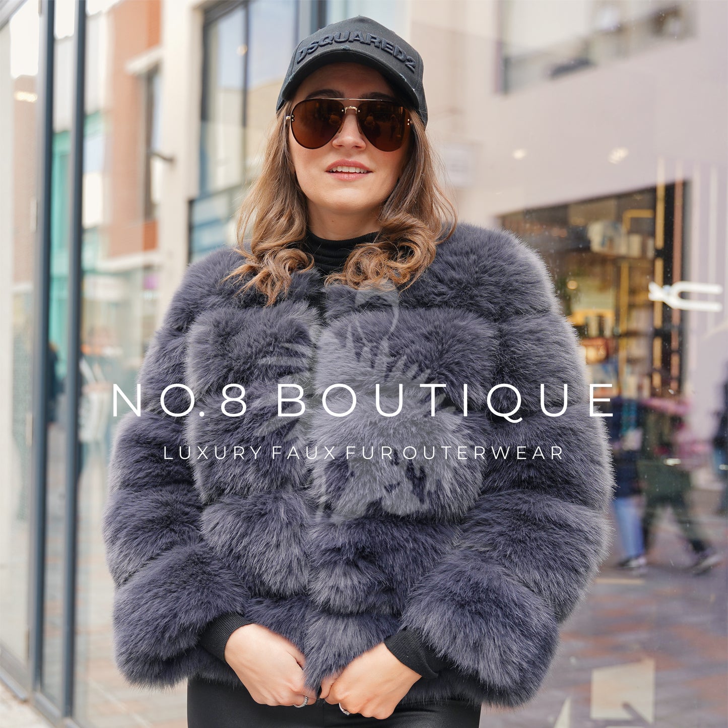 Stylish charcoal grey jacket in faux fur with five elegant rows