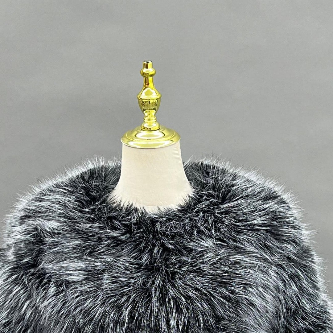 Stylish frosted black jacket in faux fur with five elegant rows