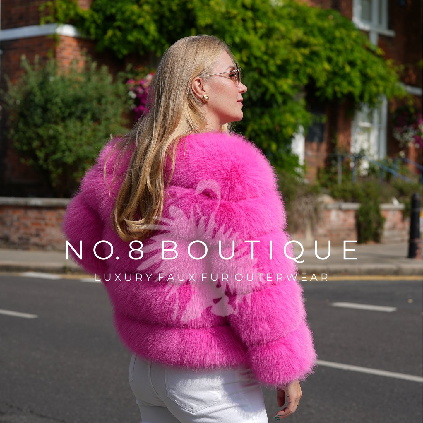 Stylish hot pink faux fur jacket with five plush rows