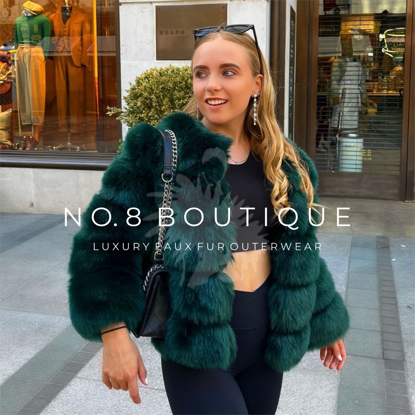 Trendy emerald green faux fur jacket with structured 5 row design
