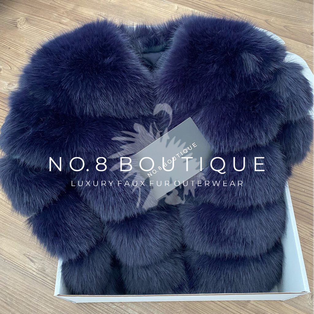Trendy navy faux fur jacket with quintuple rows
