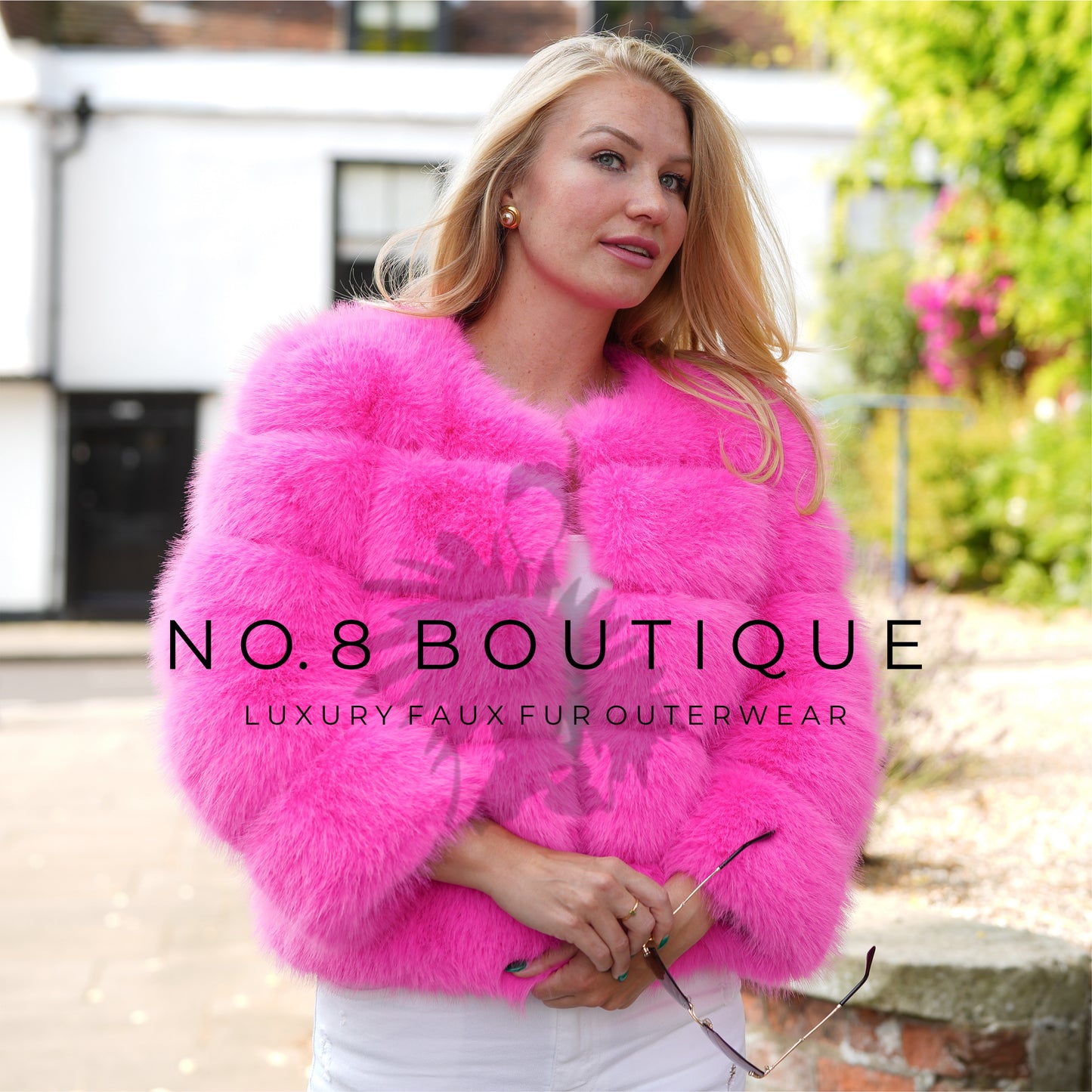 Vibrant hot pink faux fur jacket with five horizontal rows