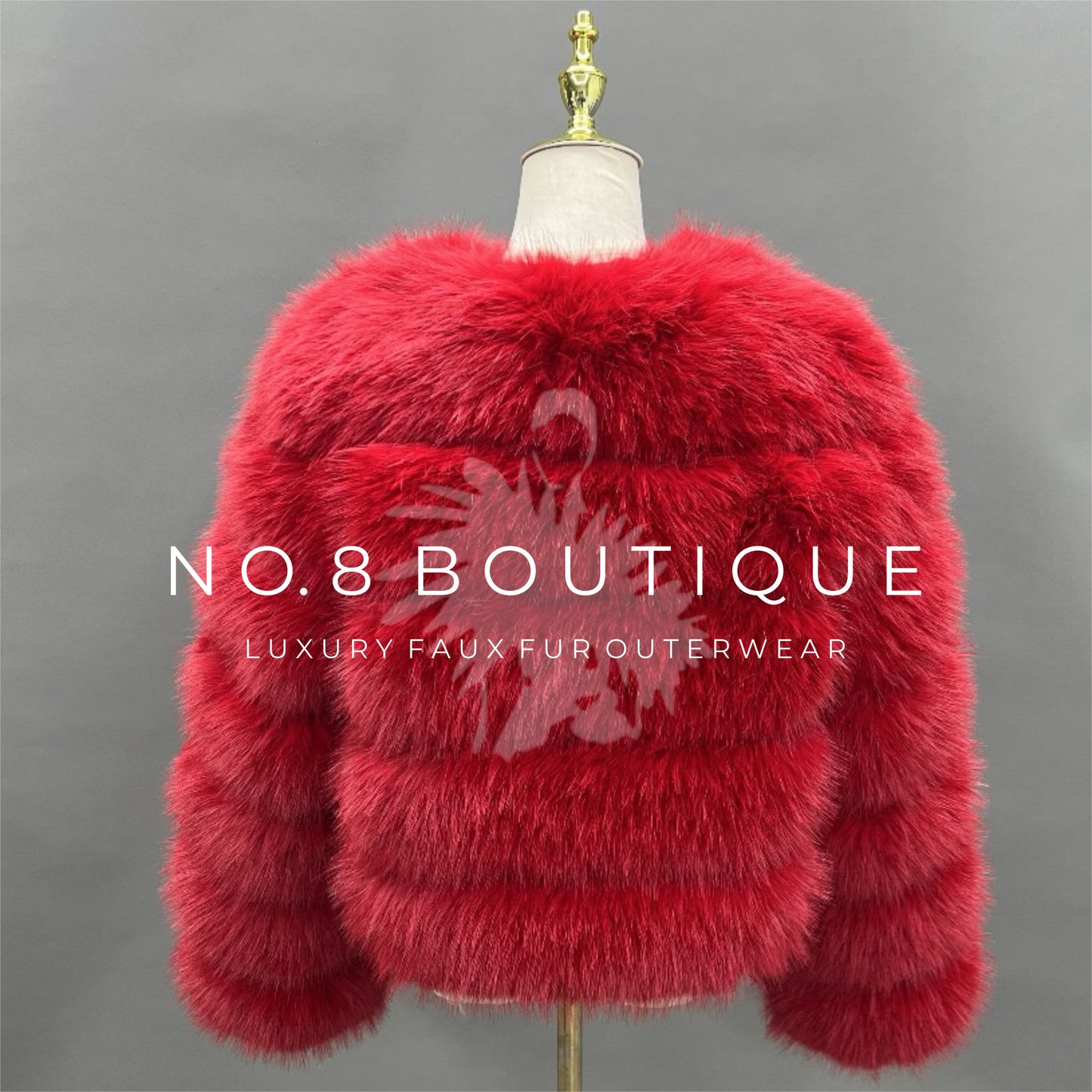 Vibrant red faux fur jacket with five horizontal rows
