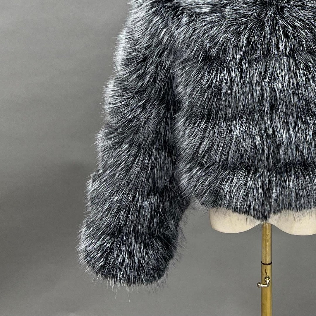 Winter chic frosted black faux fur jacket with classic 5 row pattern