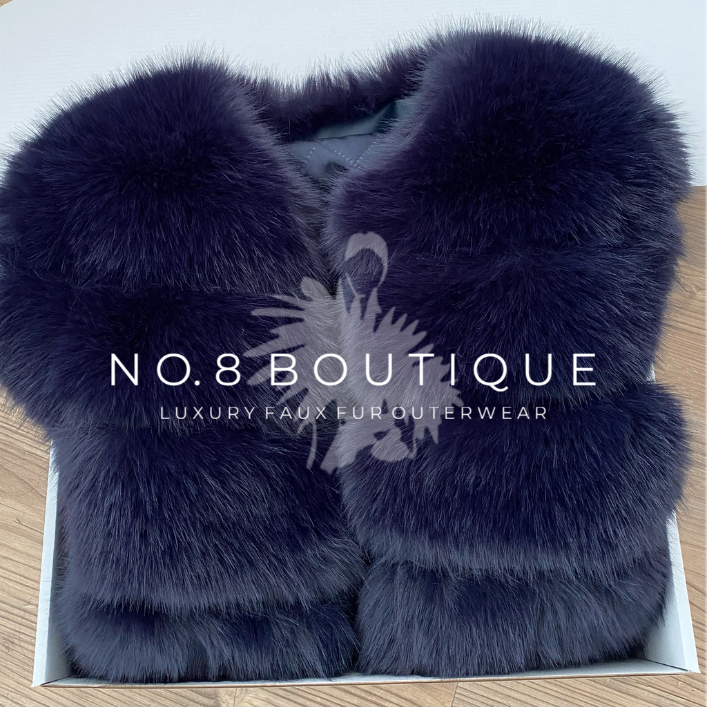 Winter chic navy faux fur jacket with classic 5 row styling