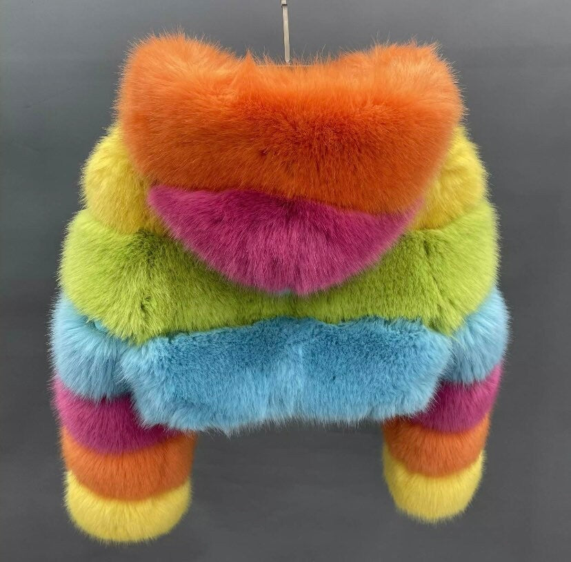 Chic hooded faux fur jacket in vibrant rainbow multicolour