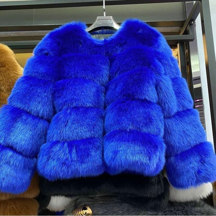 Classic Row Sapphire Blue Faux Fur Jacket Boutique London