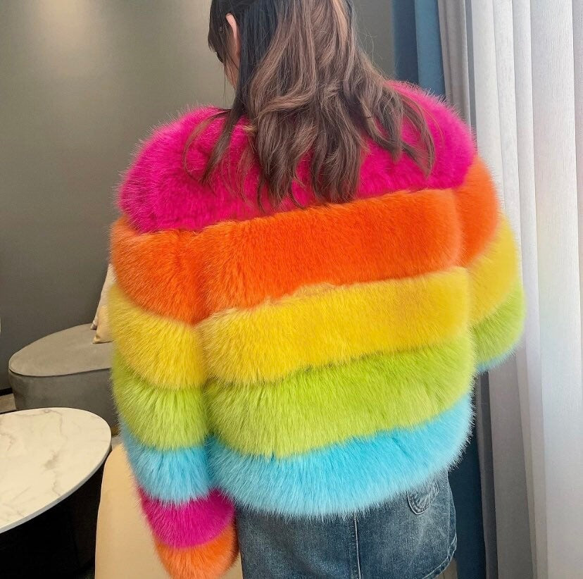 Colorful faux fur jacket in rainbow hues for stylish warmth