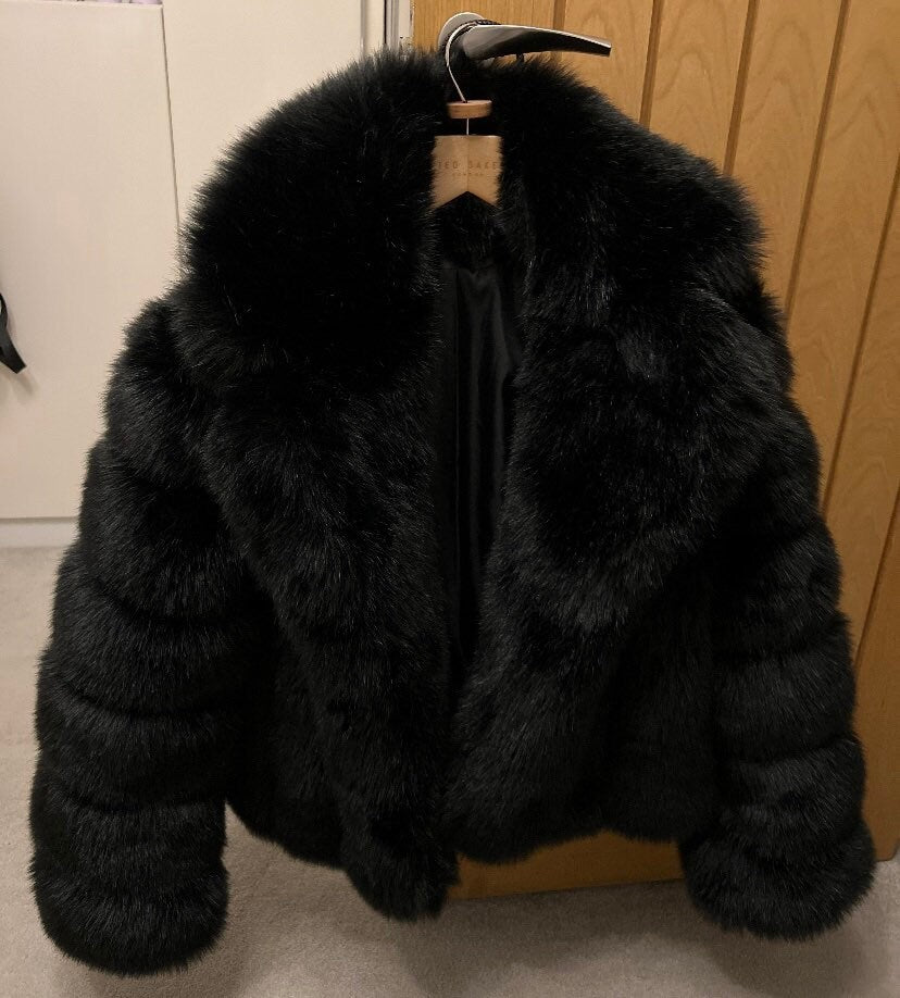 Contemporary longer London faux fur jacket with stylish collar