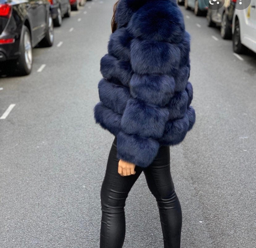 Elegant navy faux fur jacket with five horizontal rows