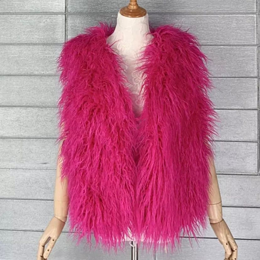 Elegant shaggy Mongolian faux fur gilet in a long cut