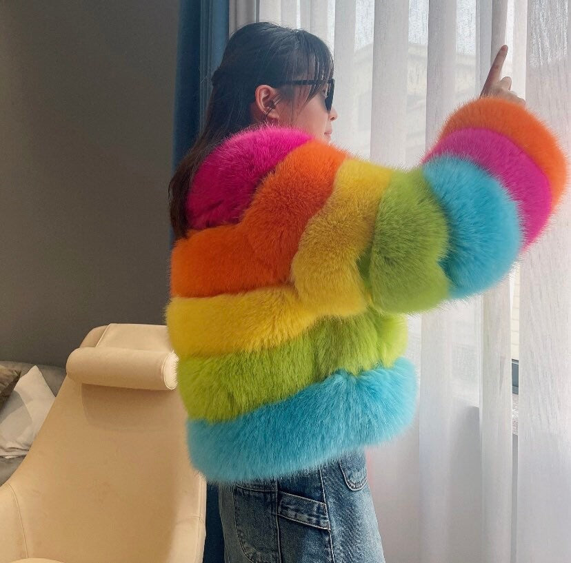 Fashion-forward multicolour rainbow faux fur jacket