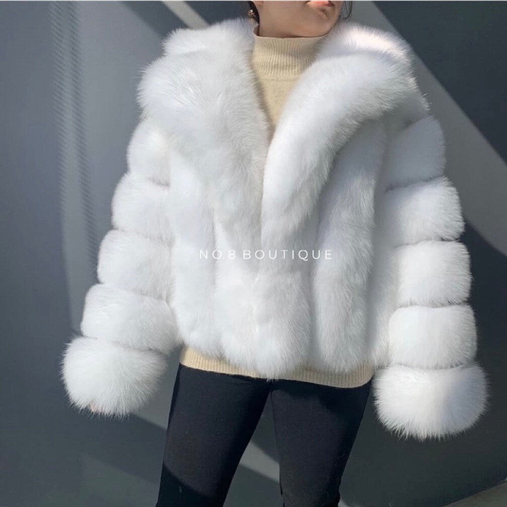 Longer length London faux fur jacket with collar