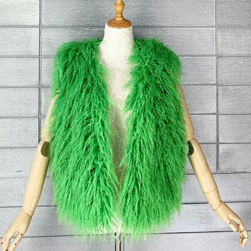 Luxurious long gilet in shaggy Mongolian faux fur