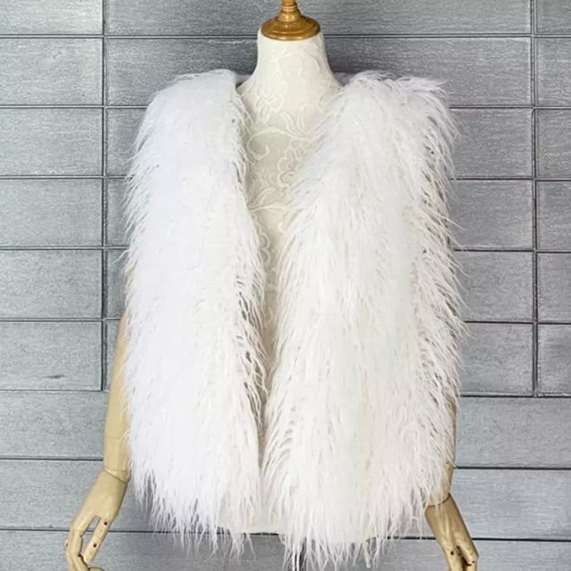Trendy and bold long gilet crafted in shaggy Mongolian faux fur