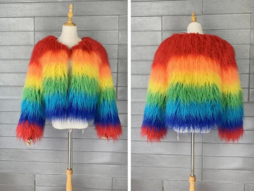 Trendy and colorful Mongolian faux fur jacket