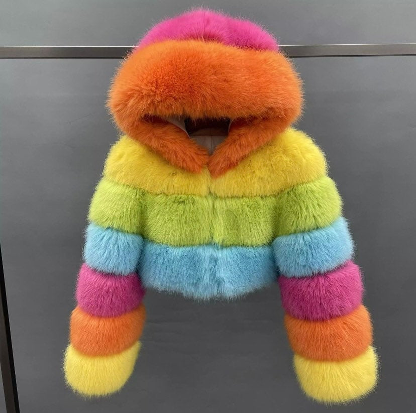 Trendy multicolour rainbow faux fur jacket