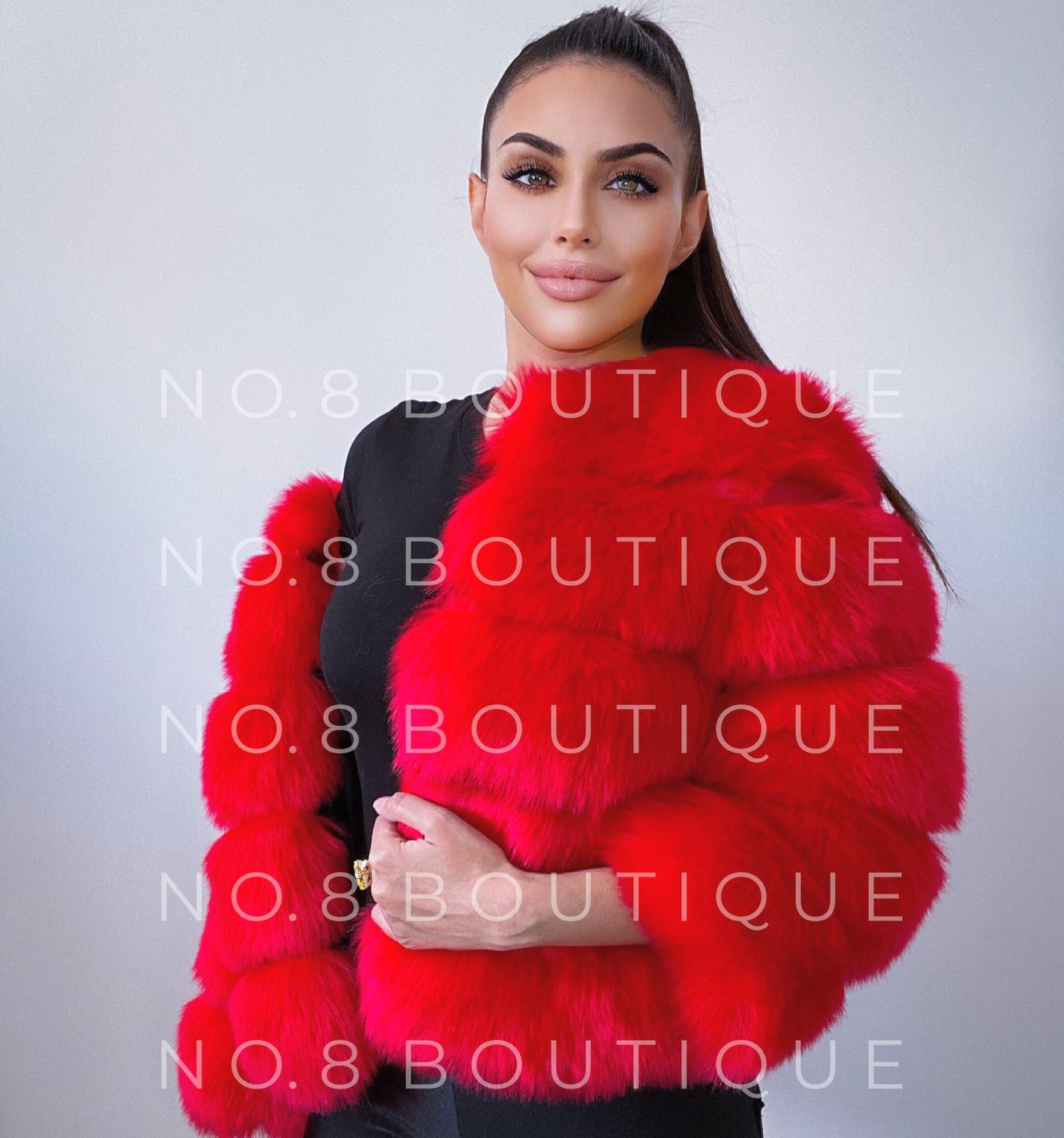 Urban style classic red faux fur jacket with five rows
