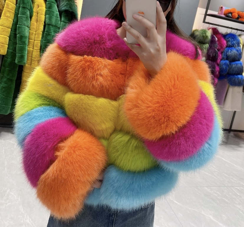 Vibrant rainbow multicolour faux fur jacket