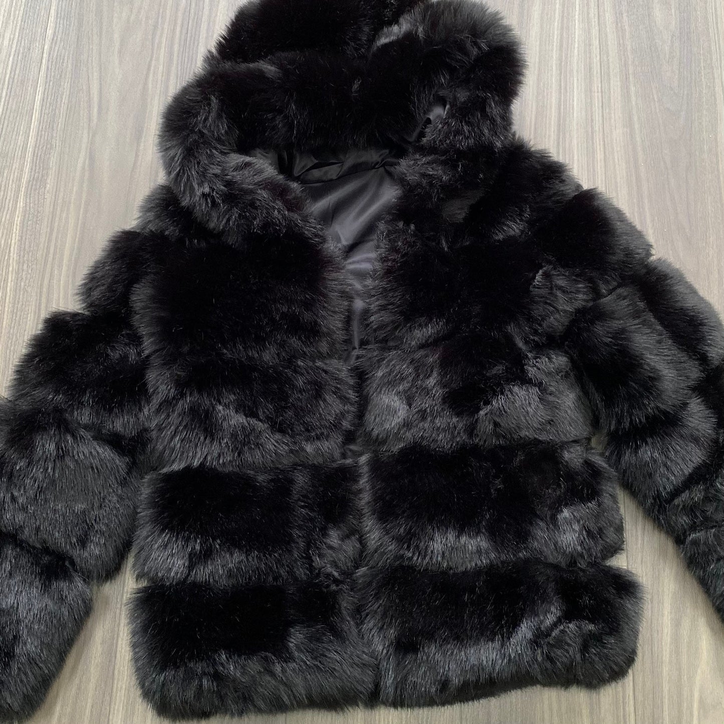 Winter chic classic hooded faux fur jacket with 5 rows