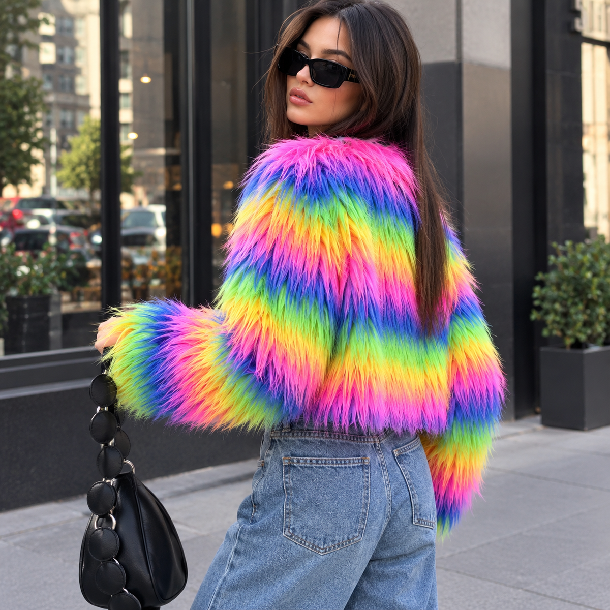 Rainbow Cropped Shaggy Faux Fur Jacket